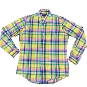 Polo Ralph Lauren Men's Plaid Shirt Medium Custom Fit Madras Plaid Yellow Green.